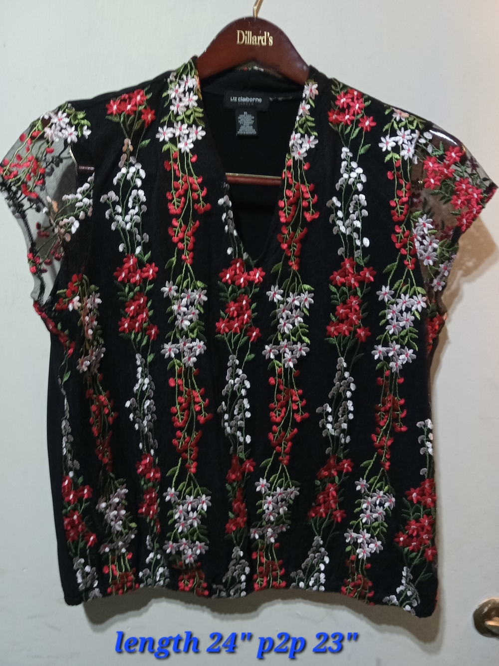 Liz Claiborne Black Floral Embroidered V-Neck Blouse